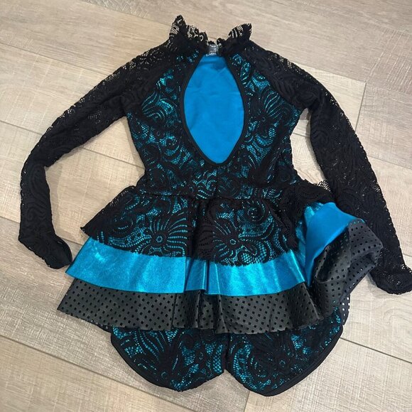 CURTAIN CALL BLUE AND BLACK BIKETARD JAZZ COSTUME DANCE CHILD LARGE - Picture 5 of 9